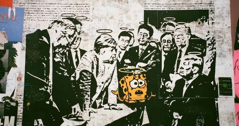 Spongebob Squarepants with halo and shocked expression surrounded by a group of people with halos, in street art style.