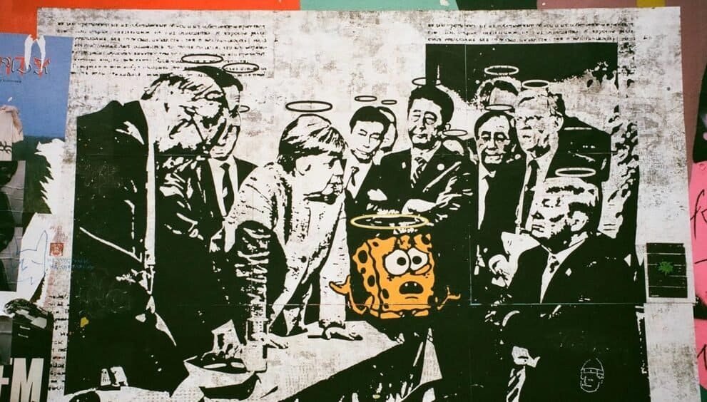 Spongebob Squarepants with halo and shocked expression surrounded by a group of people with halos, in street art style.