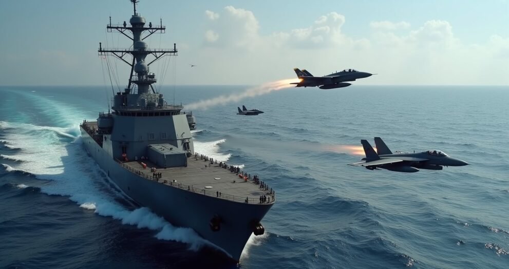 U.S. Navy destroyer sailing alongside fighter jets over the open ocean during a joint military exercise