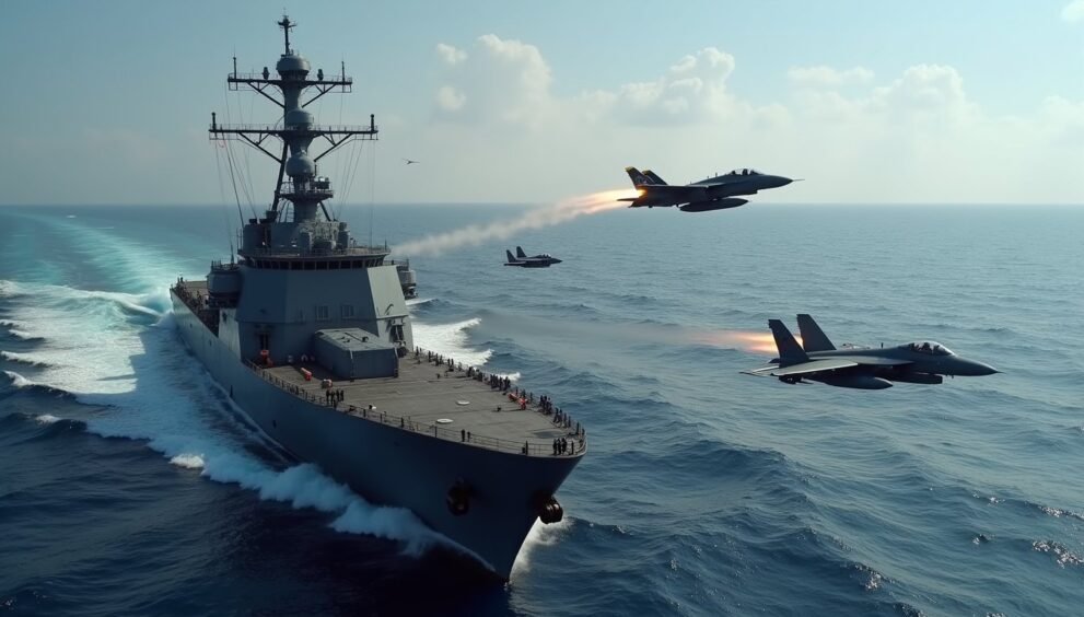 U.S. Navy destroyer sailing alongside fighter jets over the open ocean during a joint military exercise