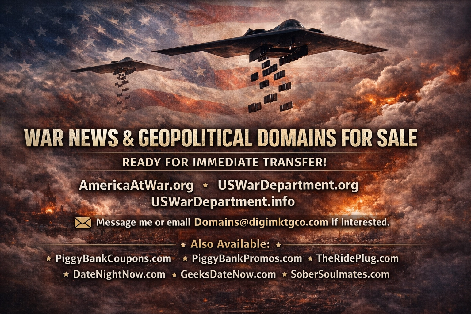 Patriotic domain sales hero graphic for AmericaAtWar.org and related geopolitical domains